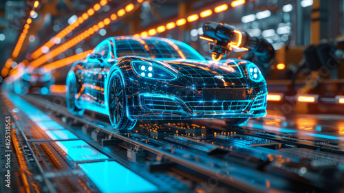 Creative Background, Automated Car Factory Concept, Robotic Arm Building Cars, Blue Glowing Bright Line,generative ai photo