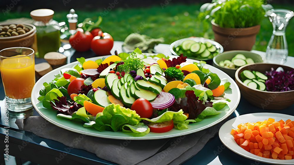 Salad with vegetables. Celebrate the beauty of plant-based eating with a vibrant salad boasting crunchy greens, ripe tomatoes, and a colorful array of fresh vegetables, a veggie lover's paradise!