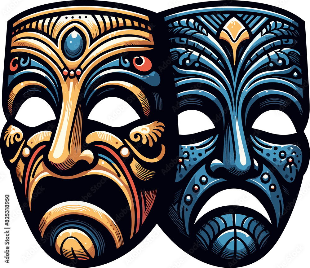 two theater masks sad and happy faces, vector flat style two theater masks sad and happy faces, vector flat style