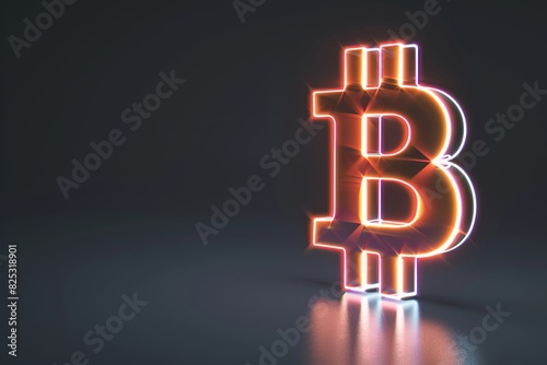 3D Bitcoin symbol glowing edges black background clear area for text hightech style
