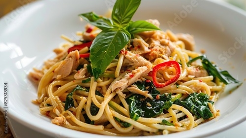Stir fried trivelle pasta with Canned tuna fish and crispy basil leaves white plate. Generative Ai