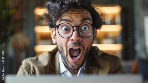 A businessperson showing surprise and excitement after receiving good news via email photo