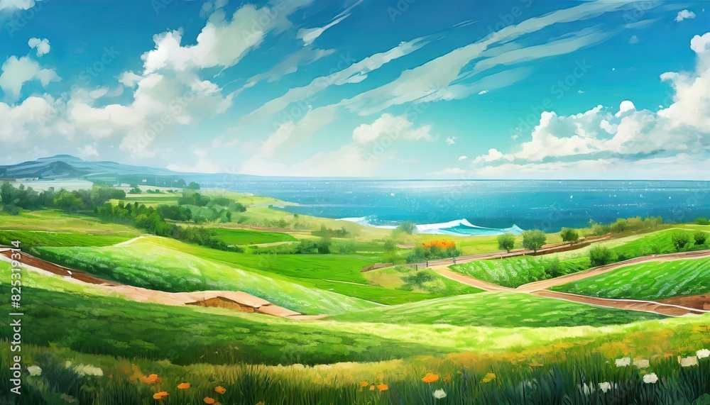 Fototapeta premium landscape with green field and blue sky