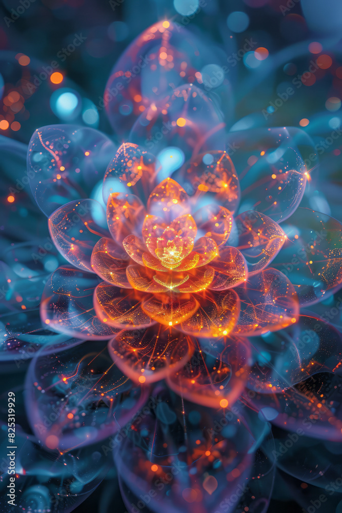 Abstract image of a lens dispersing light into a spectrum that flows into a complex, shifting mandala, Abstract image of a lens dispersing light into a spectrum that flows into a complex, shifting mandala,