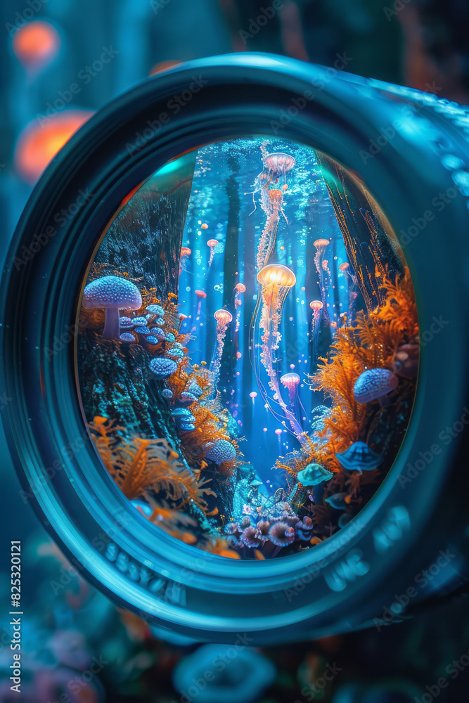 Artistic depiction of a lens revealing an underwater world filled with glowing jellyfish and fantastical sea creatures, Artistic depiction of a lens revealing an underwater world filled with glowing jellyfish and fantastical sea creatures,
