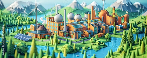 A smelting plant surrounded by renewable energy installations  such as solar panels and wind turbines  Ecofriendly  Digital art  Bright and sustainable colors