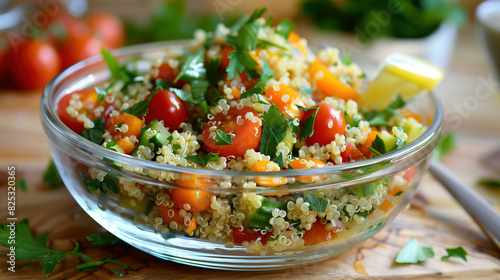 A colorful and fresh quinoa salad with cherry tomatoes, bell peppers, a closeup of the glass bowl on a wooden table.