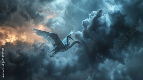 Origami crane flying through a stormy sky photo