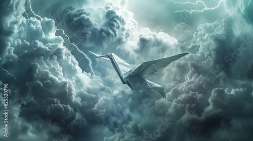 Origami crane flying through a stormy sky photo