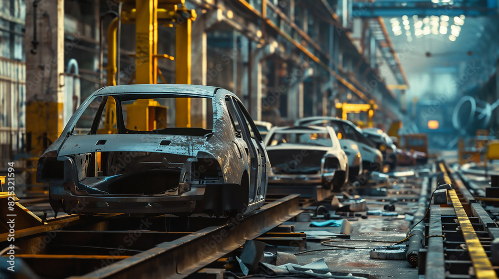 A factory with many cars on a conveyor belt A factory with many cars on a conveyor belt