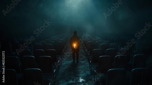 A solitary individual holding a single candle in a dark room filled with empty chairs, Gothic, Dark tones, Illustration photo