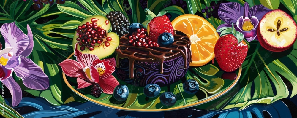 a variety of fruits with chocolate and flowers of tropical fruits and summer flowers arranged on a platter a variety of fruits with chocolate and flowers of tropical fruits and summer flowers arranged on a platter