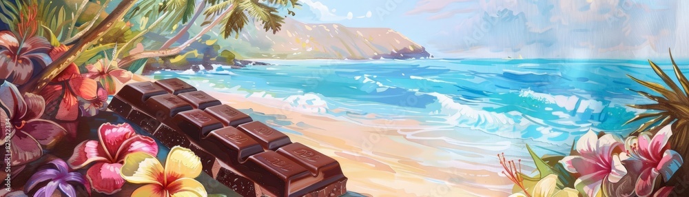 a beautiful beach with white sand, blue water, and palm trees, it's a perfect place to relax and enjoy the scenery. background with copy space, summer relaxation concept in the watercolor painting a beautiful beach with white sand, blue water, and palm trees, it's a perfect place to relax and enjoy the scenery. background with copy space, summer relaxation concept in the watercolor painting