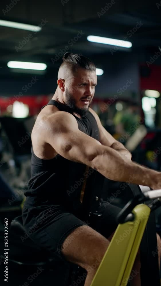 Muscular man with beard using exercise machine in gym, demonstrating determination and focus Muscular man with beard using exercise machine in gym, demonstrating determination and focus