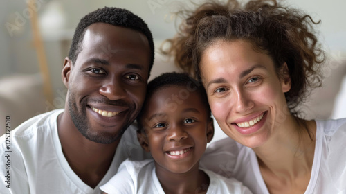Happy diverse family, multicultural adult couple, caucasian woman and African man with little child. The concept of mixed marriage and family. Generative ai. © Iuliia Metkalova