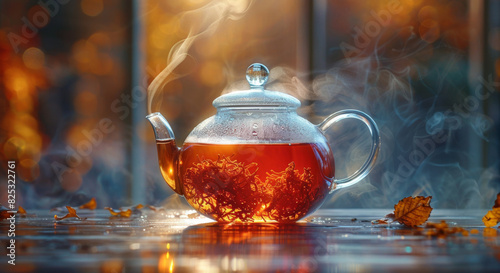 teatime bliss, a teapot of aromatic rooibos tea, with steam swirling gently, brings comfort and rejuvenation, a delightful experience in every sip, a blissful moment photo