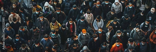 A large group of individuals on a crowded street, all wearing face masks as a safety precaution