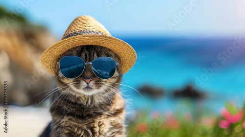 beachready feline cat in summer straw hat and sunglasses blurred coastal background humorous animal photo