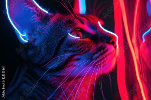 Vibrant and colorful neon glow cat portrait with intense lighting effects in a contemporary and futuristic setting