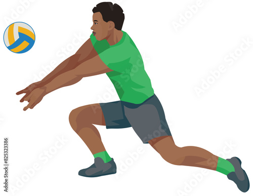 African volleyball player in green t-shirt who hits the ball from below