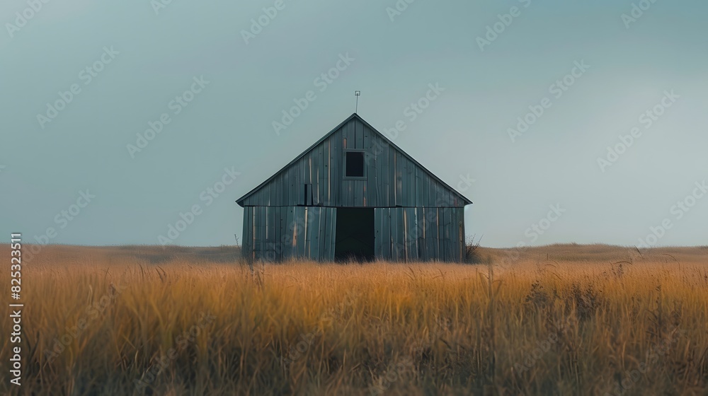 Obraz premium Rustic old barn surrounded by grassland and forest landscape.