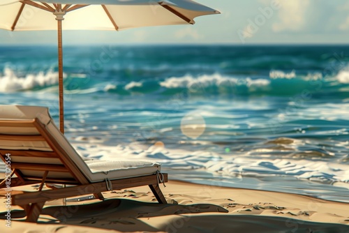 Beach chair with umbrella, gentle waves in background, closeup, calm and serene, photorealistic, Multilayer, soothing beach backdrop photo