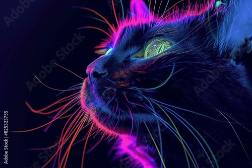 Vibrant neon glow cat portrait with closeup illuminated pet lighting and vivid colorful digital art effect