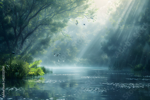 Serene Morning River in a Misty Forest with Sunlit Foliage and Graceful Birds © Michael