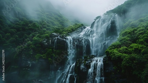 breathtaking waterfall panorama with cascading tiers and misty spray landscape photography photo