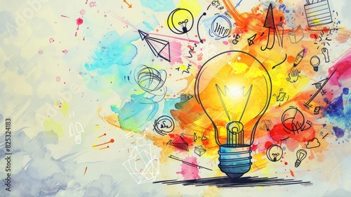 A light bulb surrounded by doodles of various business icons, representing ideas and innovation..light background with copy space for text or product , color splashes of watercolor painting style