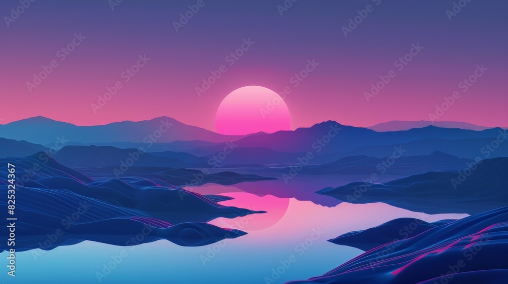 The image is a beautiful landscape with a large pink sun setting over a mountain range