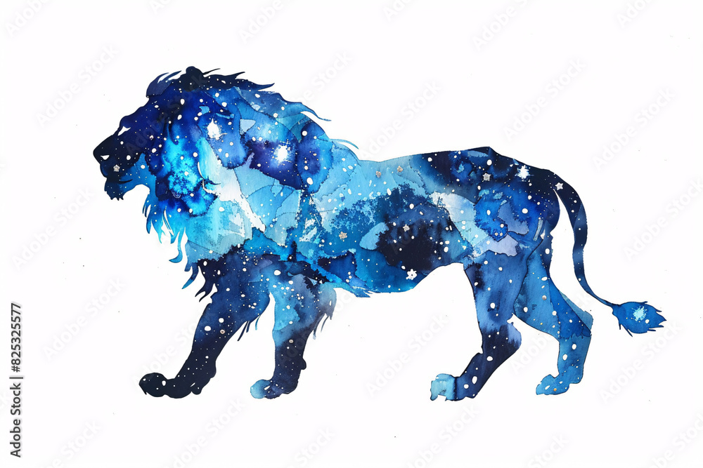Obraz premium Silhouette of a lion filled with a blue galaxy pattern with stars on a white background