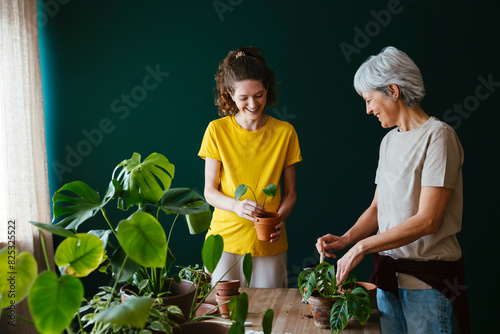 Mother and daughter gardening indoors, repotting succulent plants