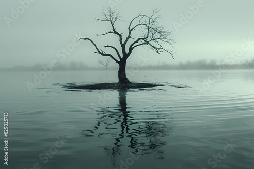 Solitary and stark  a barren tree emerges defiantly from the calm waters  enveloped by a ethereal veil of mist  its reflection gently rippling across the mirror-like surface of the tranquil lake