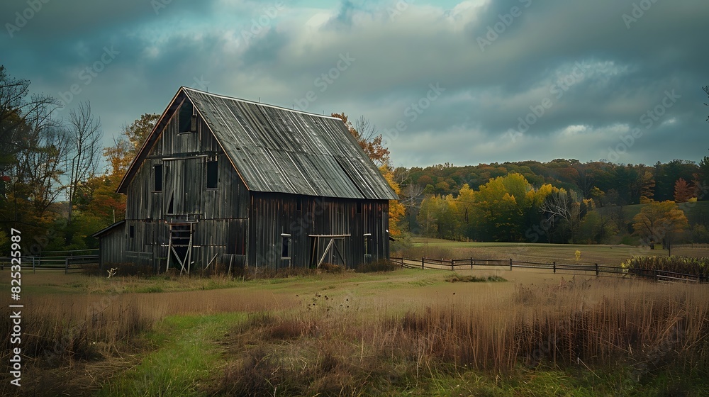 Rustic old barn surrounded by grassland and forest landscape. Rustic old barn surrounded by grassland and forest landscape.