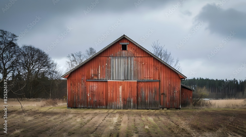 Rustic old barn surrounded by grassland and forest landscape. Rustic old barn surrounded by grassland and forest landscape.