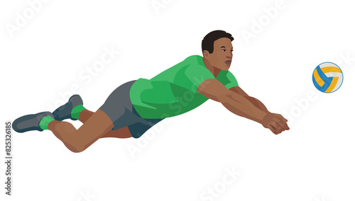 Vector isolated figure of a Southern African volleyball player hitting a ball in a fall on a white background
