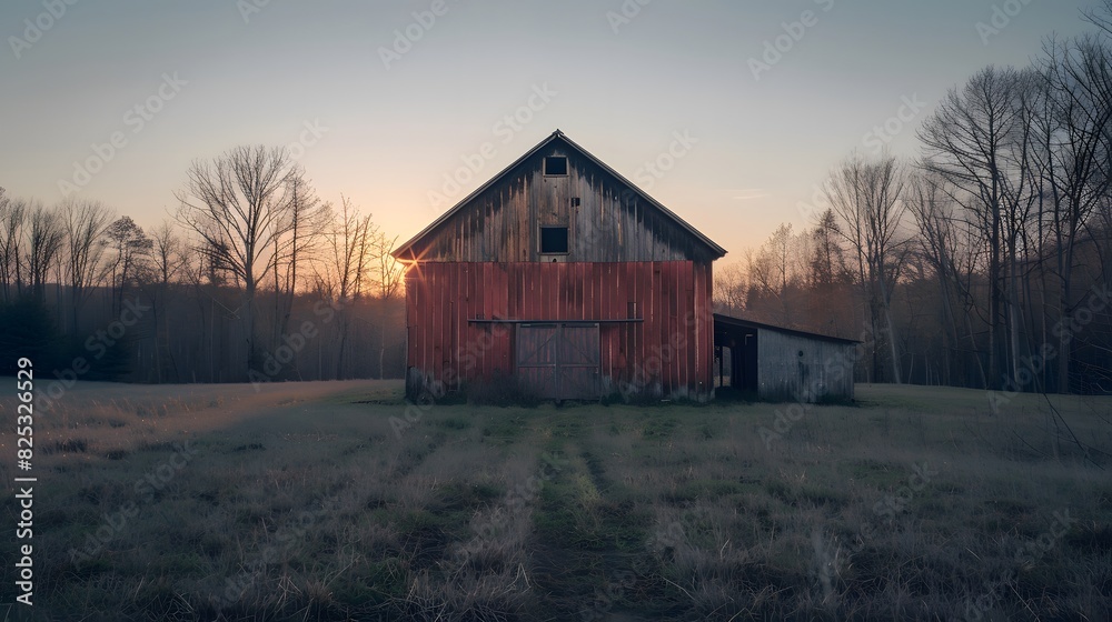 Rustic old barn surrounded by grassland and forest landscape. Rustic old barn surrounded by grassland and forest landscape.