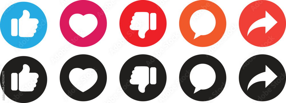 Thumbs up, like or heart, comment, share and follow, collection Button notification for social media, vector illustration