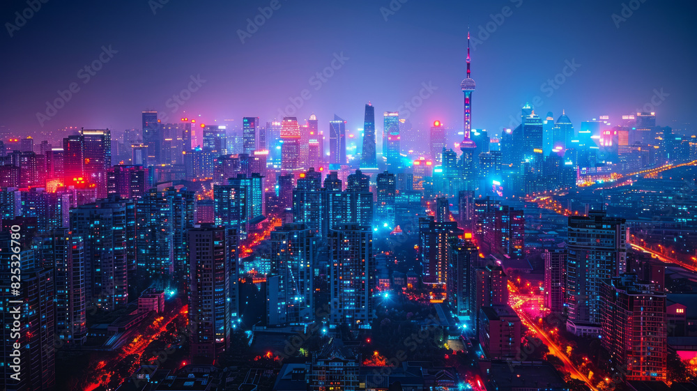 A wide view of the city with many tall buildings at night with spotlights shining on the buildings generative ai