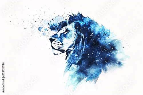 Watercolor depiction of a lion in profile with shades of blue and white creating a striking artistic effect