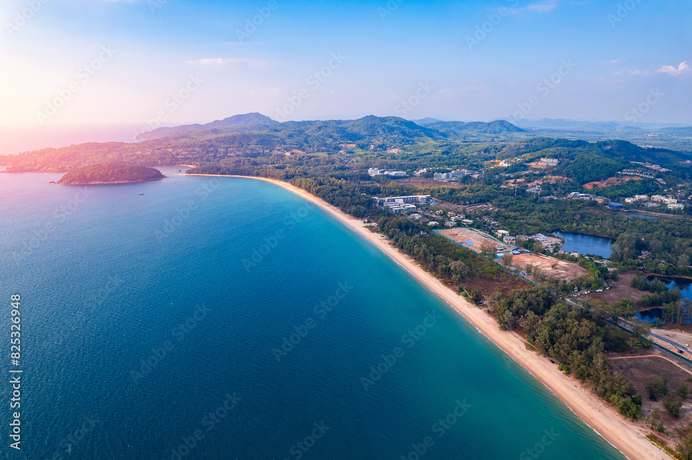 Obraz premium Sunset Bang Tao beach with lux hotel of Phuket paradise, Aerial top view. Concept tropical travel photo Thailand