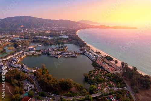 Aerial top view panorama sunset Bang Tao beach with lux hotel of Phuket paradise. Concept tropical travel photo Thailand © Parilov