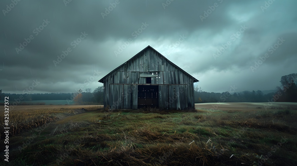 Rustic old barn surrounded by grassland and forest landscape. Rustic old barn surrounded by grassland and forest landscape.