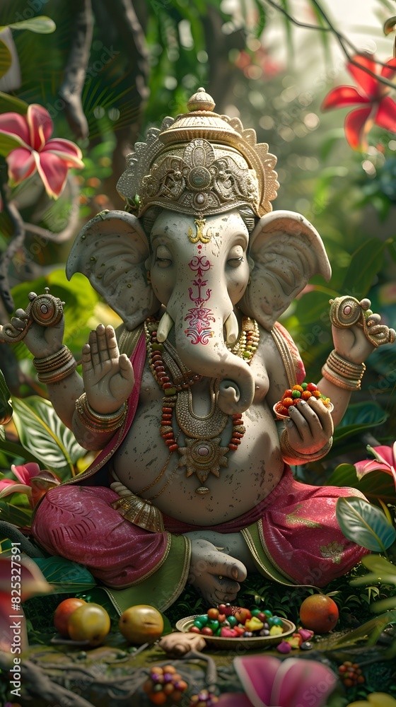Ganesha Statue in Lush Tropical Garden