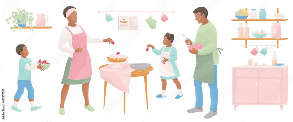 African American characters -  parents with children preparing strawberries cake. Family working together