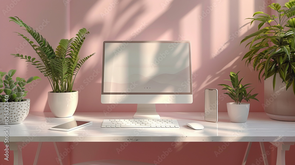 A tablet computer, a phone, keyboard, and mouse, with a surreal minimalist still life style, light background,generative ai