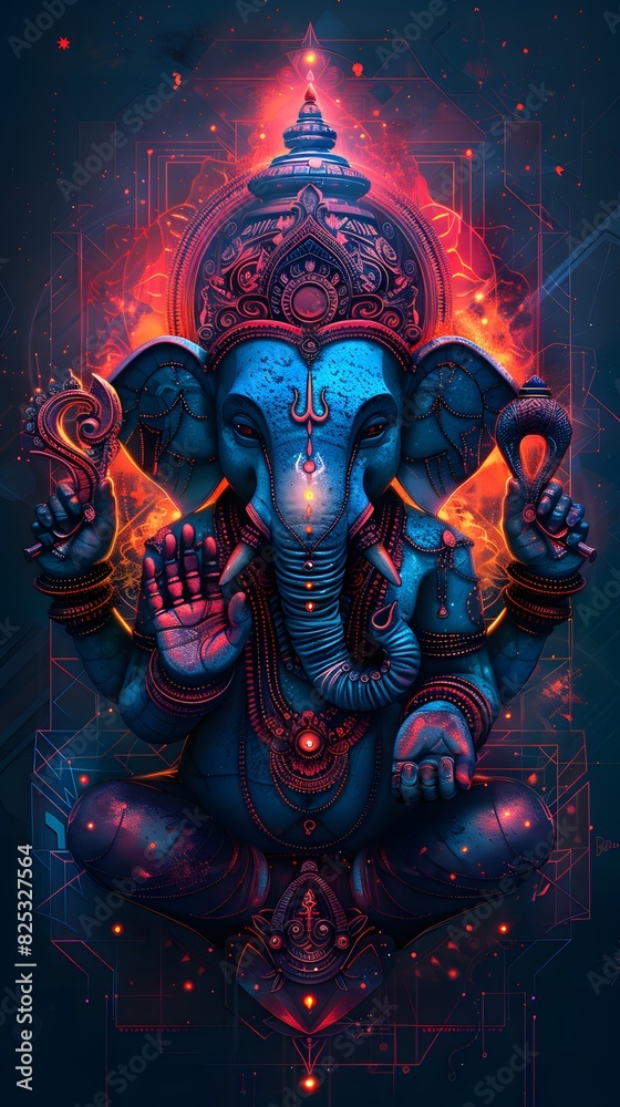 Vibrant Digital Art of Ganesha with Fiery Background Vibrant Digital Art of Ganesha with Fiery Background