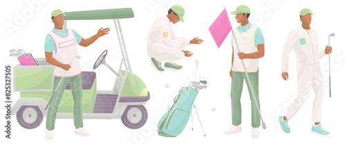 African American male caddie golf club staff, golf cart, caddy man with flag, golf ball, clubs, golf bag