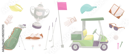 set elements about golf - clubs, shoes, flag, sunglasses, competition cup, gloves, golf bag, ball, clash notebook, golf buggy cart